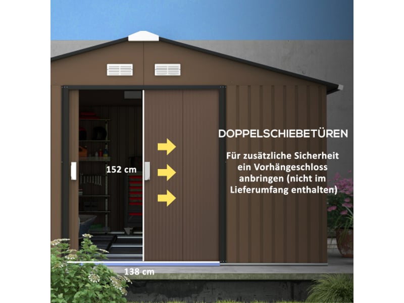  Abri de jardin outsunny 12,4 m², acier galvanisé, toit monopente, porte coulissante, 340x386x200 cm, brun  - Conforama D