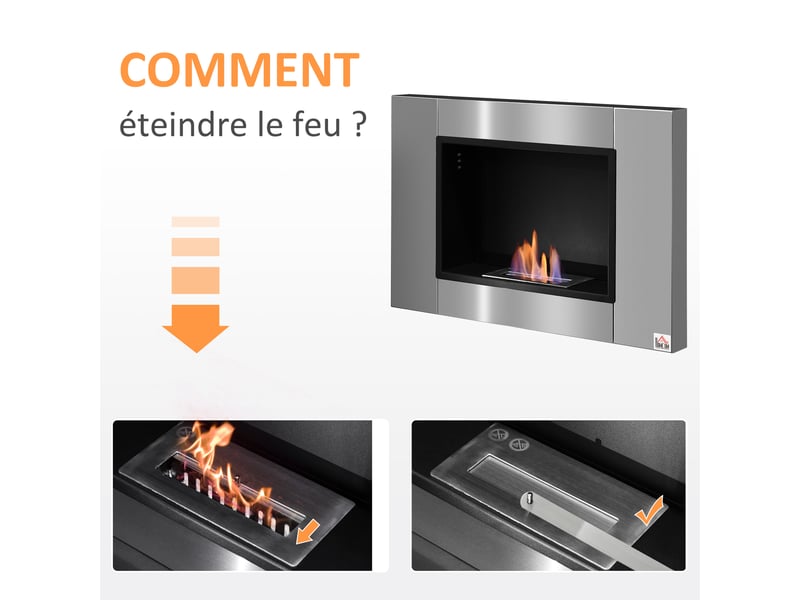  Cheminée bioéthanol murale encastrable brûleur 0,9 l, environ 3 h de durée de combustion 80l x 14l x 54h cm couverture 25-30 m² acier inox  - Conforama D