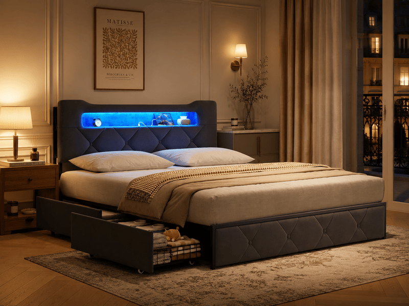 Lit 2 places 140 x 200 cm - gris - led, usb, rangement et 4 tiroirs  - Conforama B
