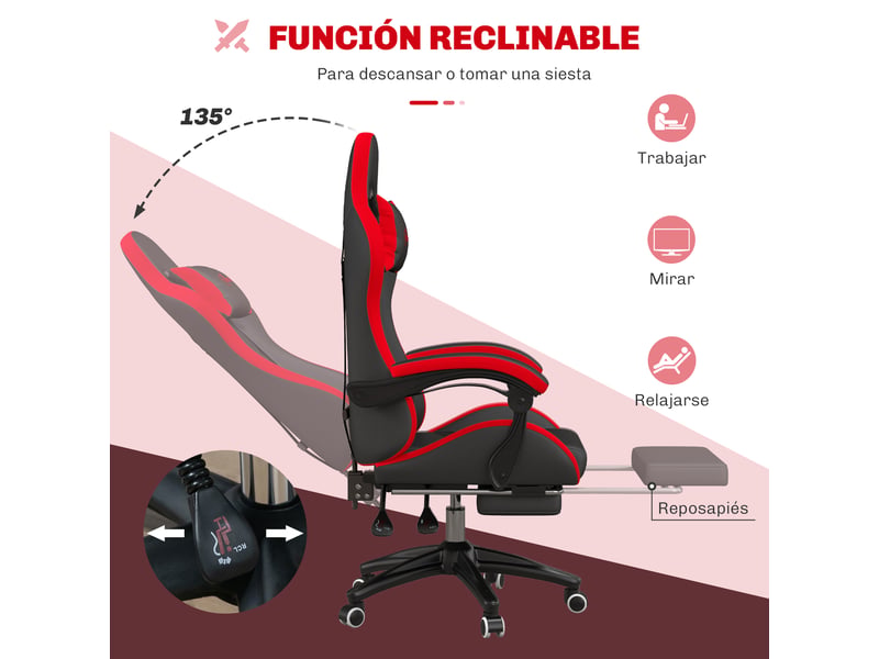  Chaise gaming en simili cuir noir et rouge avec repose-pieds rétractable, dossier inclinable 135°  - Conforama R