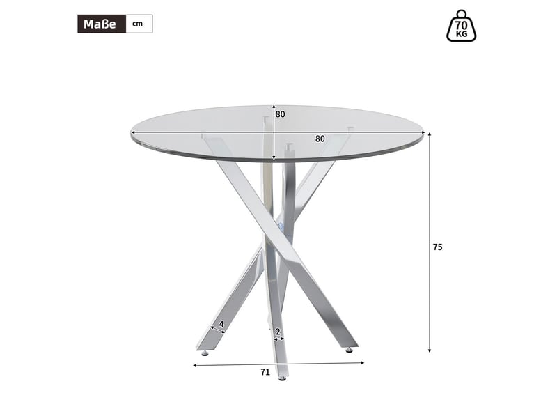  Table à manger ronde, ø80 cm, plateau en verre trempé, salle à manger, pratique, verre trempé et verre, coloris argenté  - Conforama C
