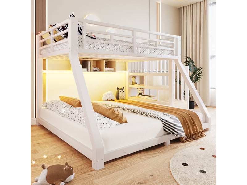 Lit superposé métal blanc 90x200 et 140x200 cm avec led, escalier de rangement, 3 compartiments et barrières, sans matelas BrimViber - Conforama E