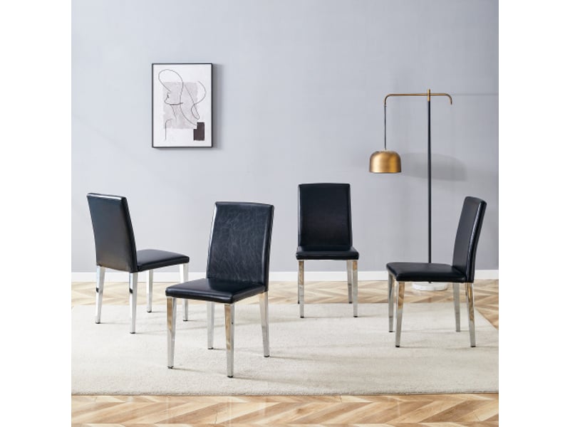 Ensemble de 4 chaises minimalistes noir et argent - cuir pu noir, pieds métal argenté, luxe européen, style moderne  - Conforama B