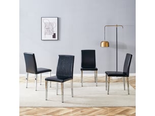 Ensemble de 4 chaises minimalistes noir et argent - cuir pu noir, pieds métal argenté, luxe européen, style moderne