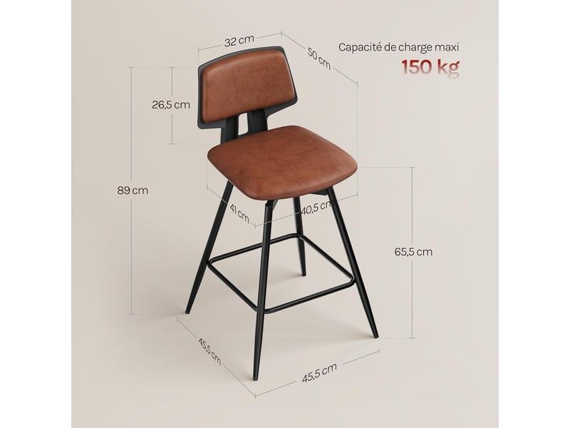  Lot de 2 tabourets bar pivotantes à 360°, structure métallique, en similicuir brillant, marron  - Conforama C