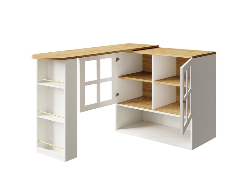  Meuble bar extensible 138 à 204 x 39 x 102,5 cm blanc en mdf, rotation à 360 degrés et rangements  - Conforama D