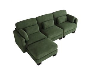Canapé d’angle modulable 253 cm 3 places avec pouf, coussins d’accoudoir amovibles, coussins lombaires épais à soutien renforcé, chenille, vert