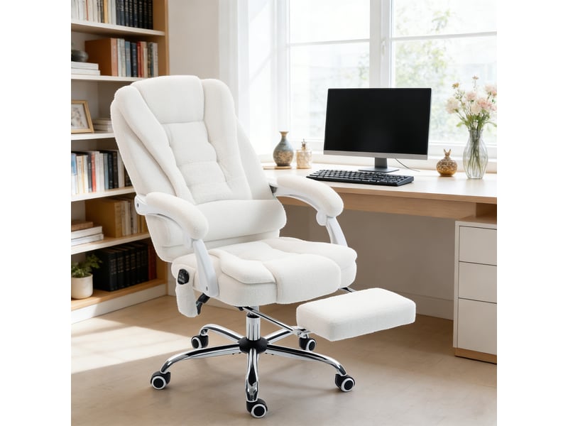  Fauteuil de bureau direction massant chauffant hauteur réglable dossier inclinable toile de lin blanc  - Conforama C