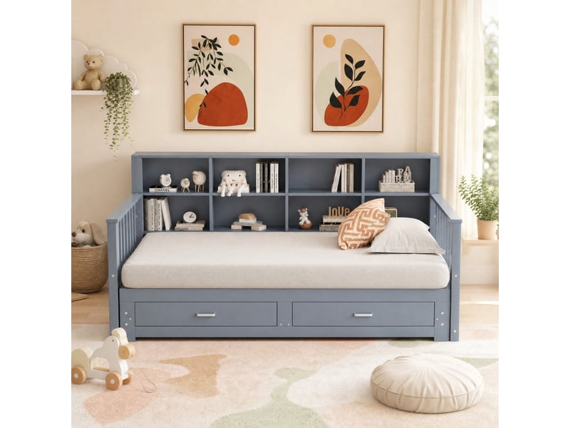  Banquette-lit extensible 90180 x 190 cm gris avec rangement, prise et 2 tiroirs  - Conforama C