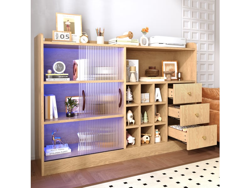 Buffet et enfilade avec 2 portes coulissantes en verre, 3 tiroirs, casier à vin, led, naturel, 120 × 30 × 85 cm  - Conforama C