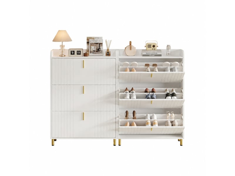 Meuble à chaussures blanc à 3 abattants, lot de 2 meubles étroits avec 6 compartiments et anti-basculement - Conforama A