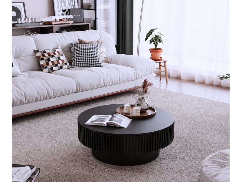  Table basse ronde 75cm avec rangement en bois plaqué noir pour salon chambre bureau  - Conforama D