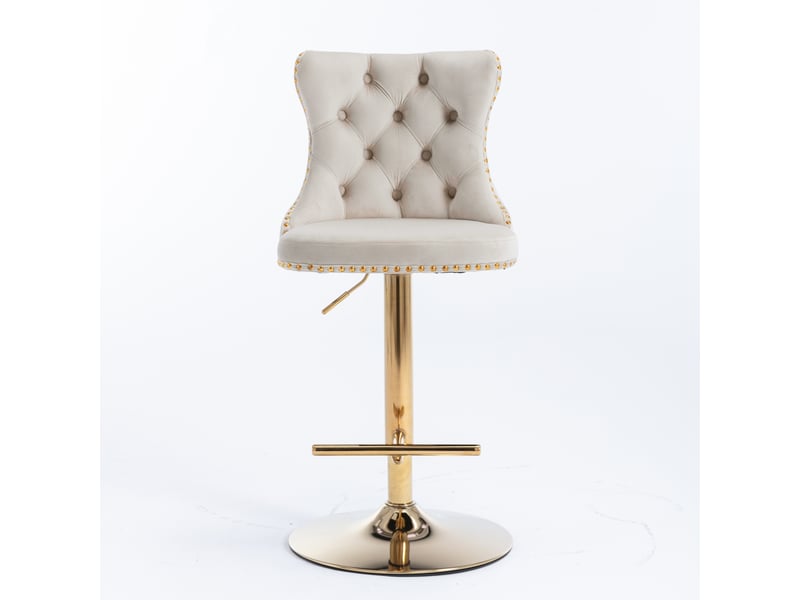  Tabouret de bar pivotant en velours beige, hauteur réglable, dossier capitonné, base dorée, lot de 2  - Conforama A