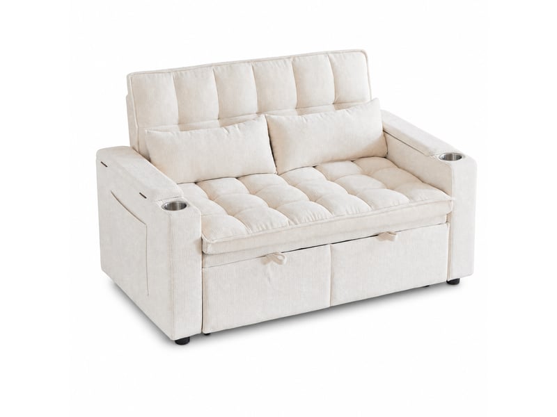  Canapé-lit 3-en-1 142x89x89 cm convertible, 2 porte-gobelets, 2 coussins lombaires, rangements, chenille beige  - Conforama A