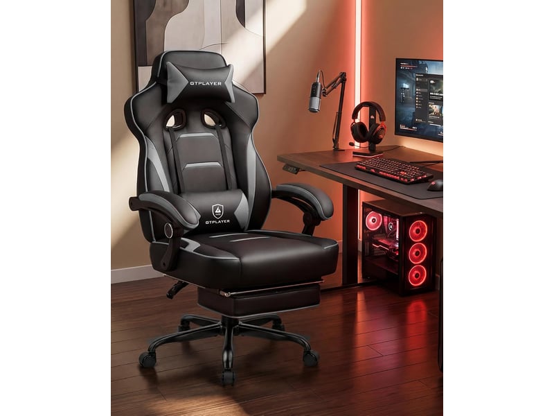  Gtplayer chaise de jeu avec repose-pieds, 180kg, soutien lombaire, appui-tête réglable, inclinable à 155° - gris F59-GY-TJ - Conforama E