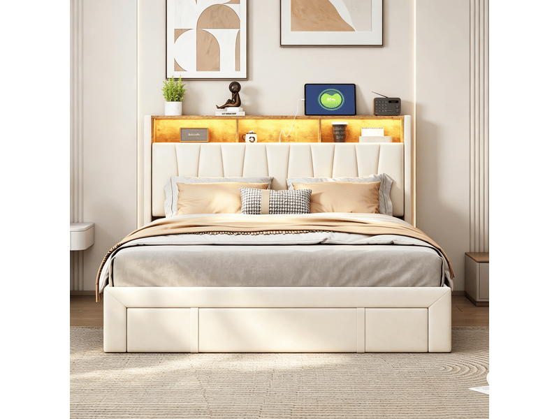  Structure de lit,antibou,140x190 cm,led,avec 4 tiroirs,tissu en lin,cadre de lit 140x190 cm,beige  - Conforama C