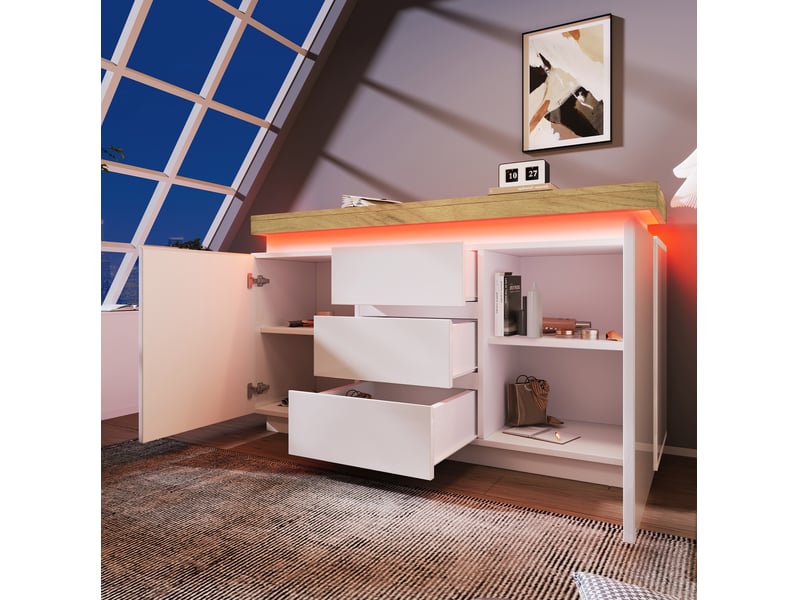  Buffet bas modenvie blanc brillant avec led 140 x 39 x 81 cm, 2 portes et 3 tiroirs  - Conforama E