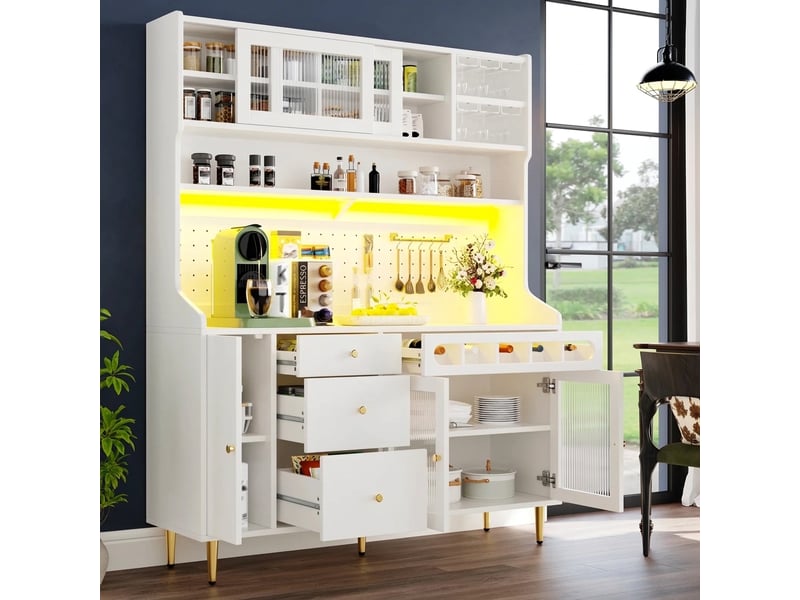  Armoire haute de salon et buffet de cuisine avec led, meuble de rangement blanc 145x39x171cm  - Conforama D