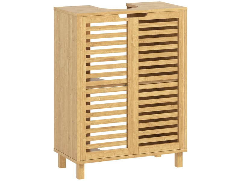  Meuble sous-évier avec 2 portes à lattes de bambou, étagère réglable pour éviers avec ou sans colonne, finition naturelle  - Conforama A