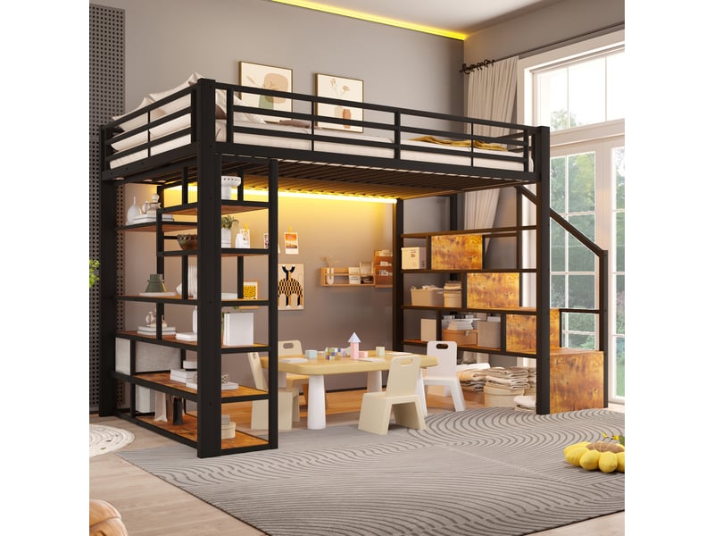  Lit mezzanine enfant 140x200 cm, escalier avec rangement, 2 tiroirs en tissu, étagères, led, espace ouvert, métal noir Radiant Stride - Conforama D