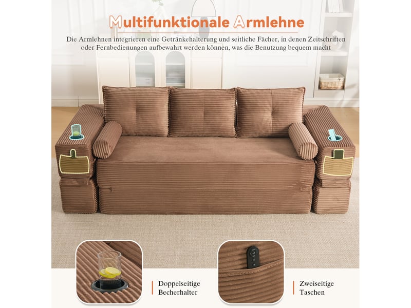 Canapé convertible 3 places en velours côtelé marron avec coffre et tiroir intégré sous l'assise - Conforama E
