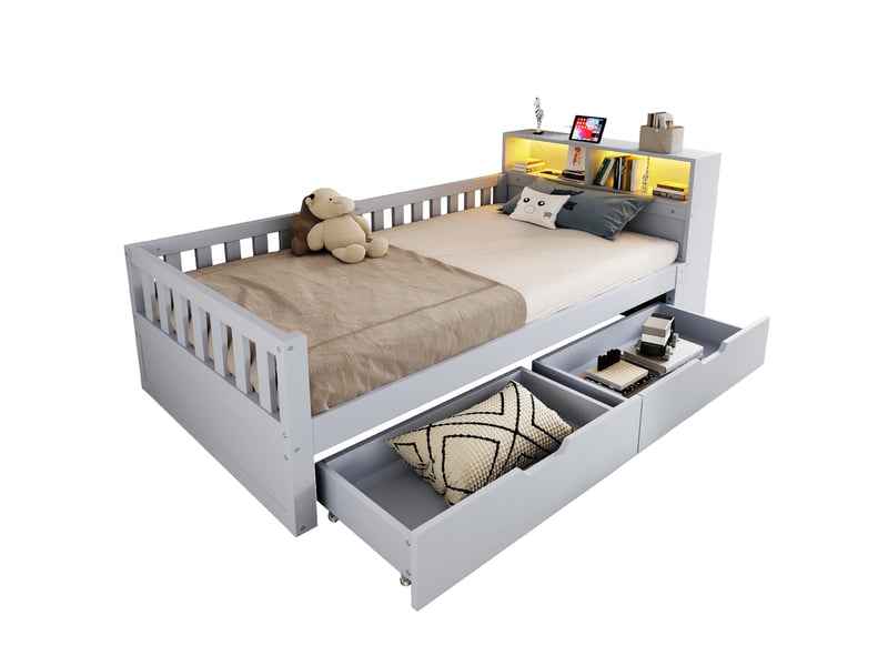  Lit simple 90 × 200 cm avec 2 tiroirs, rangements ouverts, led, prises usb et usb-c, barrières de sécurité, gris  - Conforama A