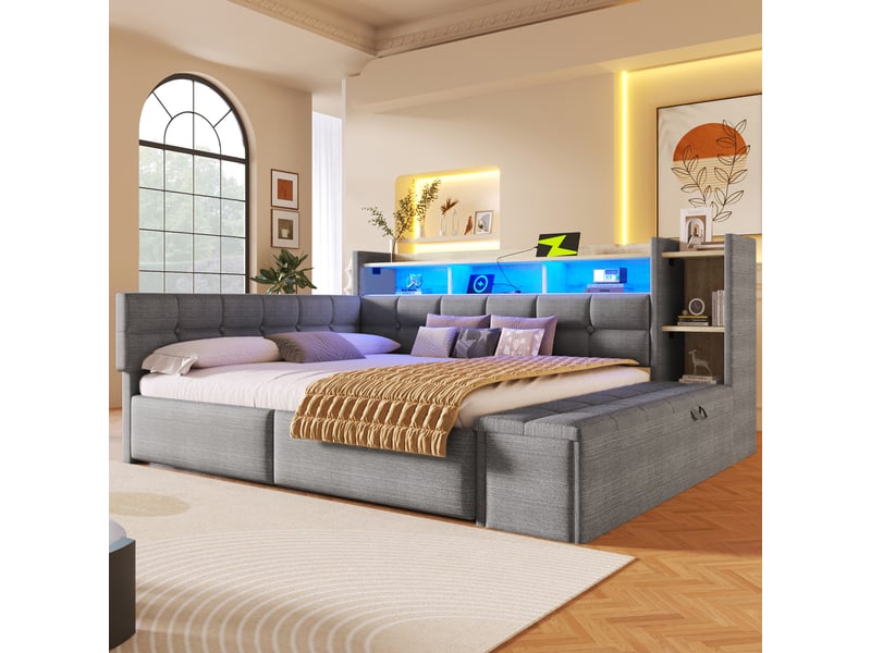  Lit de jour 140 × 190 cm avec deux tiroirs, usb type-c, étagère, led, sans matelas, velours, gris foncé  - Conforama D