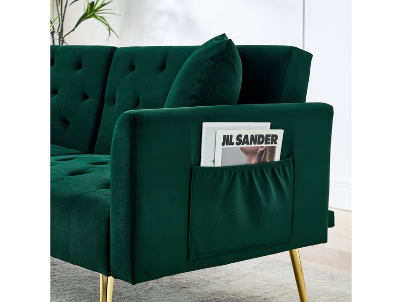 Canapé convertible 2 places 177 x 78 x 74 cm vert en velours, dossier réglable 3 positions, salon - Conforama E