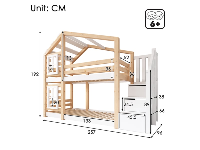 Lit superposé enfant 90 × 200 cm 2 places avec rangements, barrières de sécurité, sans matelas, naturel et blanc - Conforama D