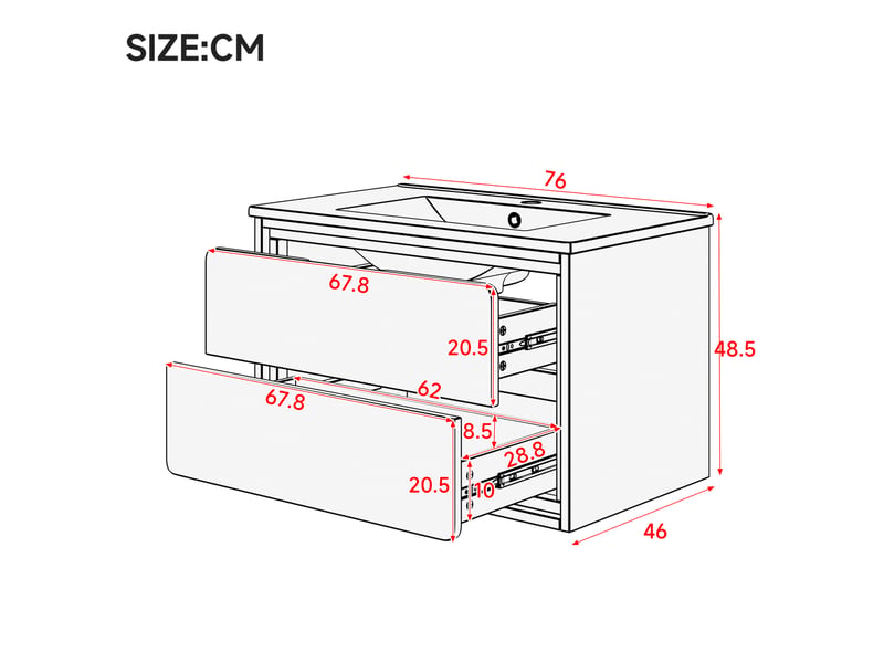  Meuble de salle de bain suspendu 76x46x48,5 cm, 2 tiroirs, vasque, meuble avec led radar, mdf blanc, rangement pratique  - Conforama C