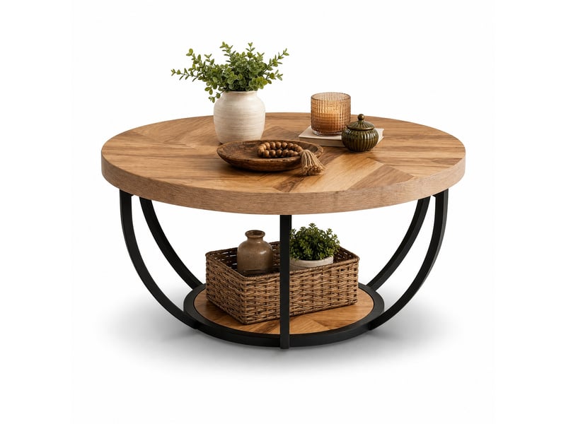  Table basse ronde à 2 niveaux en bois et métal pour salon avec structure à 6 arcs couleur bois  - Conforama A