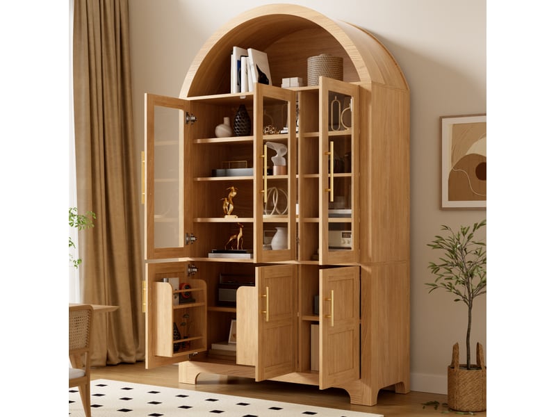  Buffet haut moderne 110x40x185 cm avec niche ouverte en arc, 3 portes vitrées, tablettes réglables, mdf, naturel  - Conforama D
