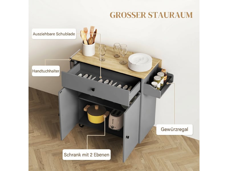  Desserte de cuisine avec plateau rabattable tiroir et placard gris et chêne 106x42x87 cm  - Conforama E