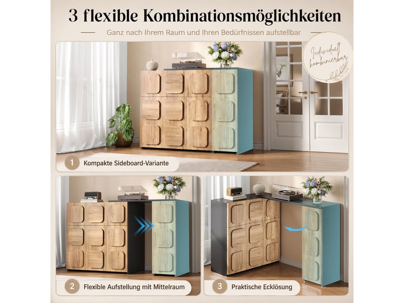  Buffet modulable 107,5–158,5 x 35 x 83,5 cm, portes, tiroirs, niches, étagères réglables, ouverture par pression, bois d’ingénierie, naturel OMNIGLINT TRADING LTD - Conforama E