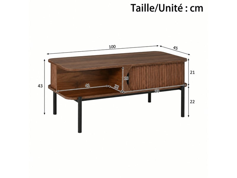  Table basse moderne effet noyer avec rangement et portes coulissantes rainurées, 100 x 45 x 43 cm  - Conforama C