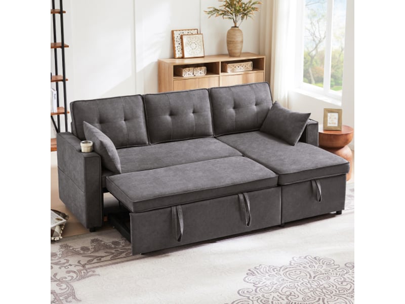 Canapé d'angle réversible convertible 3 places coton et lin gris coffre de rangement canapé d'angle gris - Conforama D