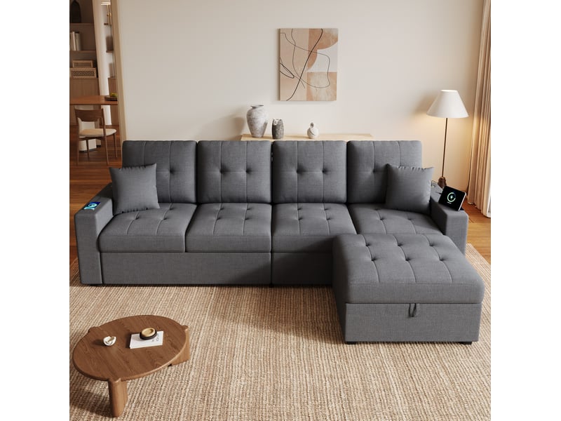  Canapé d'angle modulaire modenvie 4 places avec pouf coffre, rangements, led et prises usb type-c, tissu gris antique 253 x 144,5 x 80,7 cm  - Conforama B