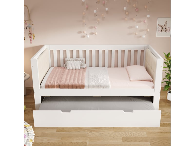  Modenvie lit gigogne 90x200 cm - avec lit tiroir, sommier inclus, sans matelas - blanc  - Conforama D
