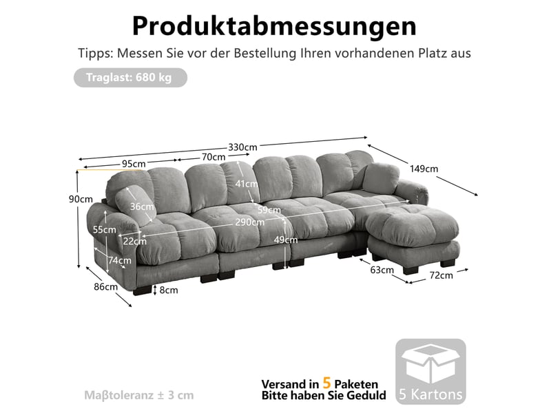  Canapé d'angle modulable 4 places modenvie en chenille avec pouf mobile, gris clair, 330 x 149 x 90 cm  - Conforama C