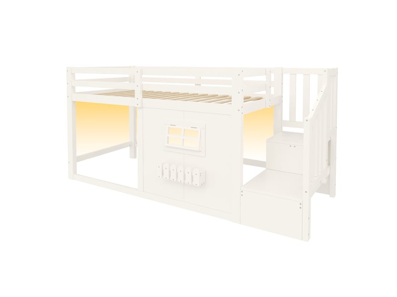 Lit mezzanine 90x200 cm escalier de rangement, éclairage led en pin et mdf blanc - Conforama A