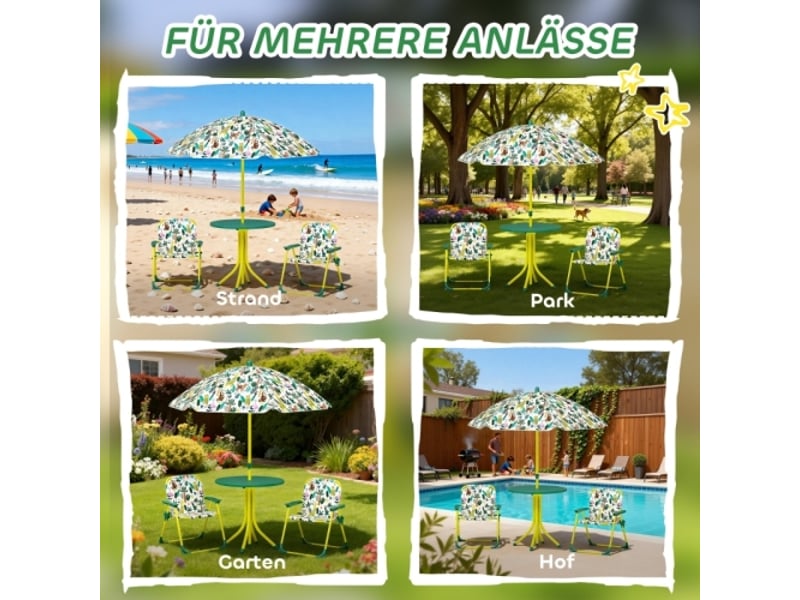  Ensemble table et chaises enfant 4 pièces, 2 chaises pliantes, parasol amovible, vert  - Conforama D