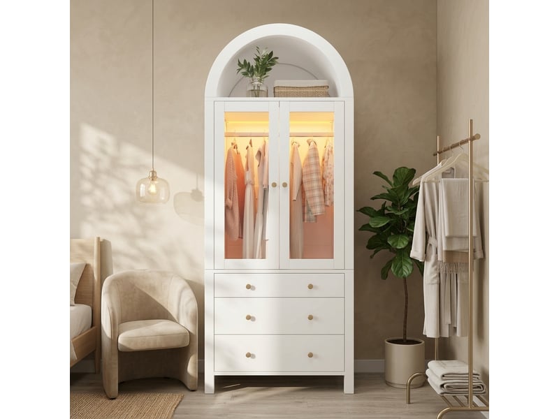 Armoire blanche avec éclairage led 2 portes vitrées design arqué moderne - Conforama B
