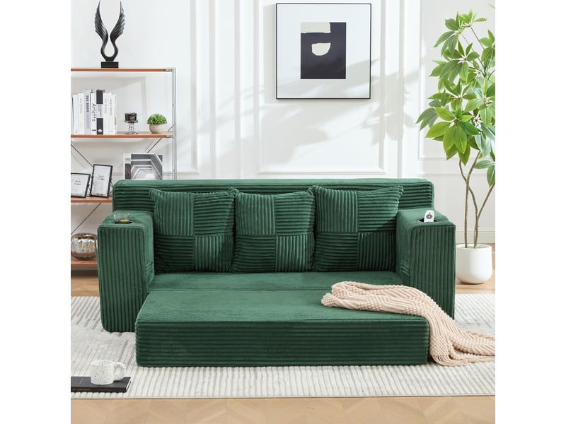 Canapé trois places avec porte-gobelets et poches latérales, design sans cadre, larges assises - vert  - Conforama D