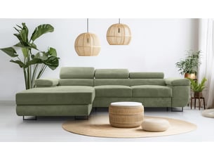 Canapé d'angle gauche convertible <strong>AX LIVING </strong> <strong>Arborio</strong> 5 places Velours côtelé vert avec coffre de rangement