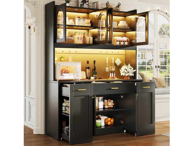  Buffet de cuisine haut 120 cm avec éclairage rgb led, 3 vitrines en verre, tiroirs et étagères coulissantes  - Conforama B