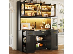 Buffet de cuisine haut 120 cm avec éclairage rgb led, 3 vitrines en verre, tiroirs et étagères coulissantes