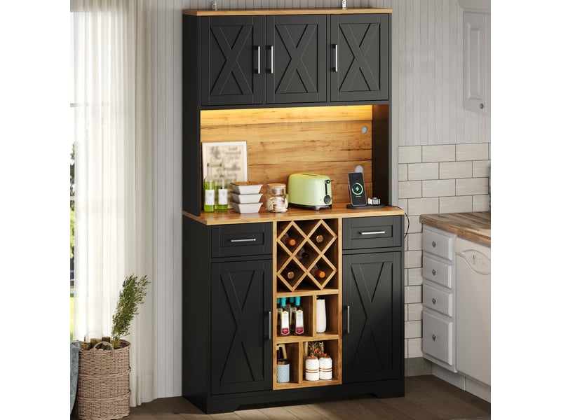  Buffet de cuisine en mdf 105x40x180 cm, 2 tiroirs, casier à bouteilles amovible, led et prises usb pour salle à manger  - Conforama E