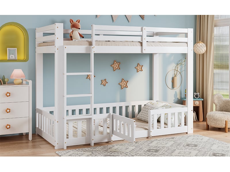  Lit superposé enfant en bois avec escalier droit, barrières et porte, pin lvl blanc, 90x200 cm, espace libre sous le lit  - Conforama B