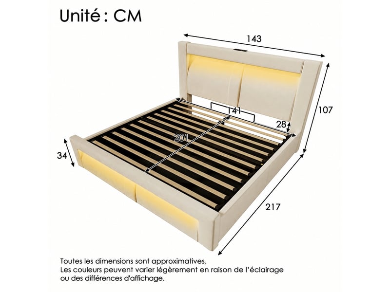 Lit coffre 140x200 cm à ouverture hydraulique en velours beige - Conforama C