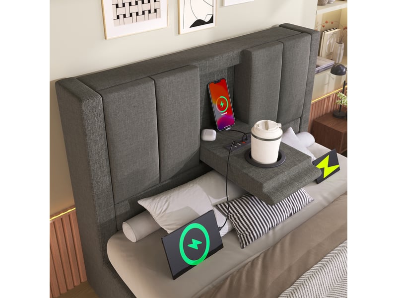  Lit coffre simple 90x200 cm avec usb et rangements, lin, gris, sans matelas  - Conforama E